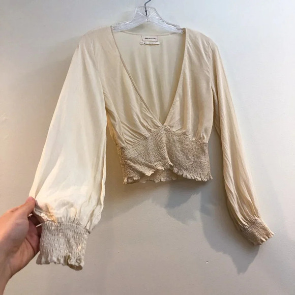 Urban Outfitters Plunging V Neck Bohemian Long Sleeve Cream Sheer Blouse Small - Picture 3 of 7